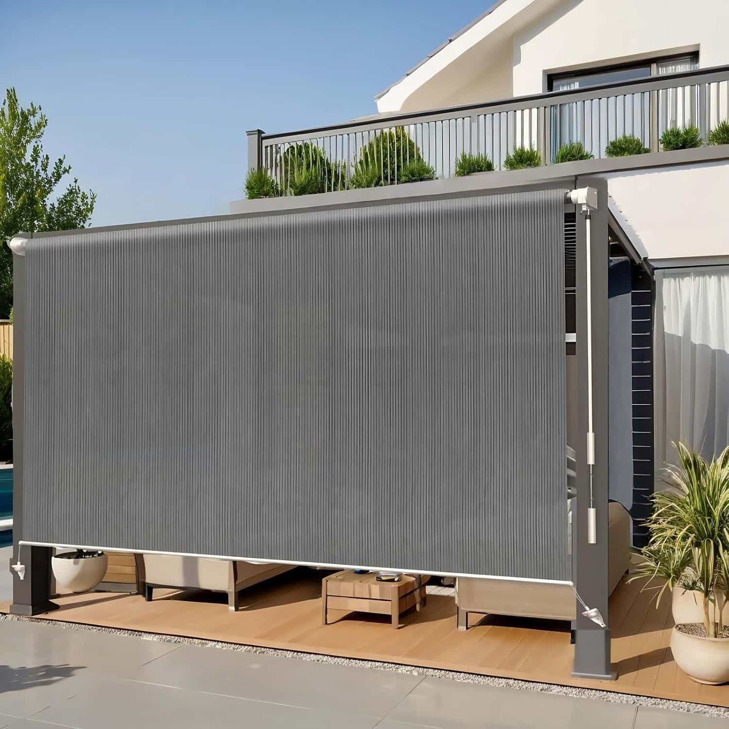 Cordless Outdoor Roller Shades for Patio Lawn Pergola Garden Porch Cabana Gazebo,Dock Home Roll Up Blinds Exterior Sun Windproof Shades .20" W x(30" H to 120" H Customizeize) Gray.