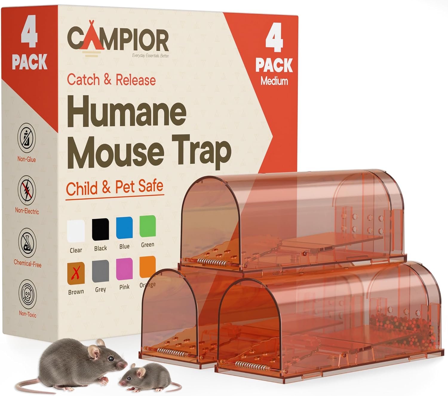 Campior Humane Mouse Trap Pack of 4, Live Mouse Traps Catch and Release for Indoors & Outdoors, Pet & Child Safe, 6.69" Reusable Plastic Mouse Cage with Spring Door, Cleaning Brush Included, Brown