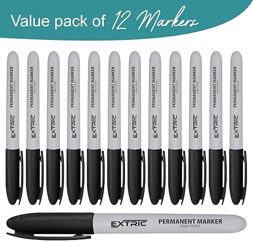 Miniatura 2 de EXTRIC Marcadores permanentes negros, 12 marcadores de punta fina, secado rápido, funciona en madera, papel, plástico, metal y vidrio, para uso