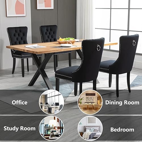 Miniatura 6 de Juego de 2 sillas de comedor tapizadas de terciopelo, sillas de comedor con respaldo de ala, patas de madera maciza, con botones y ribete de clavos,