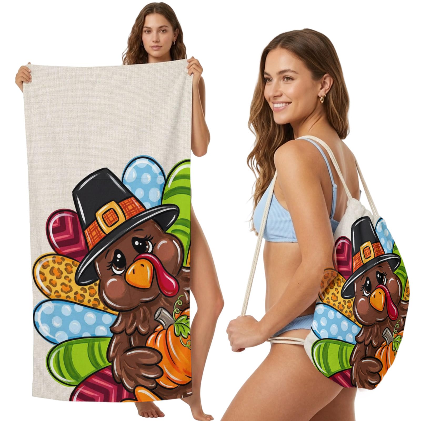 FWJZDSP 2-in-1 Beach Towel Backpack,Cartoon Thanksgiving Turkey Bath Towel with Built-in Storage Holiday Motif Convertible Foldable Beach Blanket for Travel Pool Gym Camping Swim,31x63in