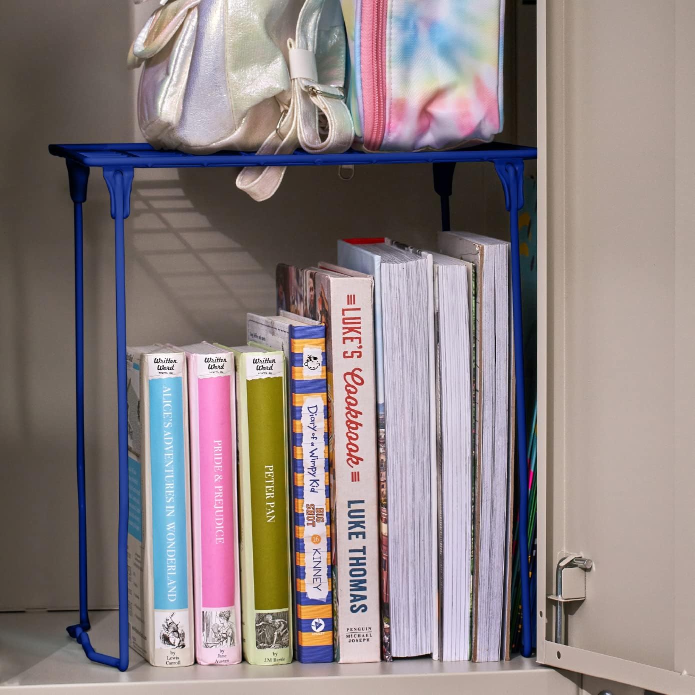 LockerMate Stac-A-Shelf Locker Organizer Shelf, Stackable, Extra Tall, Fits Standard Size School Lockers, Blue