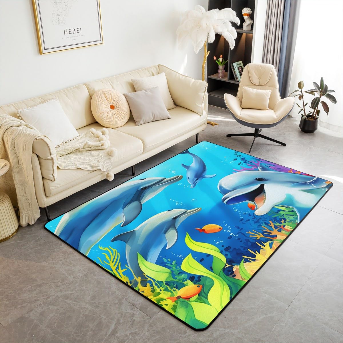Kids Dolphin Living Room Rugs 3x5, Underwater World Area Rug Non Slip, Colorful Fish Carpet, Sealife Ocean Theme Rug, Seaweed Reef Modern Decorative Accent Rug for Kids Girls Boys Bedroom Bedside