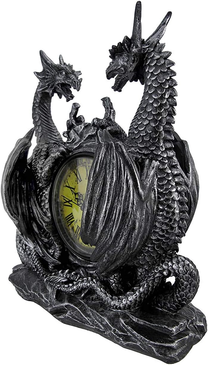 Mythical Dragon Duo Desk Clock in Metallic Look and Antique Face with Roman Numerals for Desktop, Shelf & Mantle As Gothic Medieval Decor Or Decorative Office Gifts