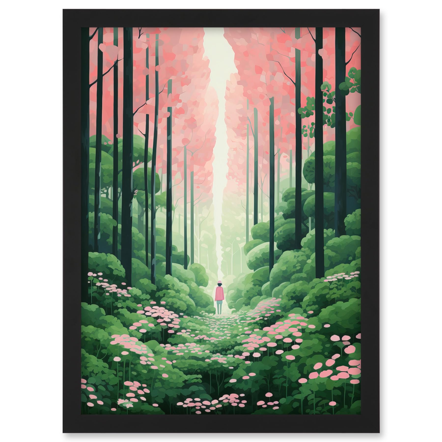 Artery8 Mount Yoshino Cherry Blossom Tree Forest Bright Artwork Baby Pink Green Walk in Nature Trail Artwork Framed A3 Wall Art Print
