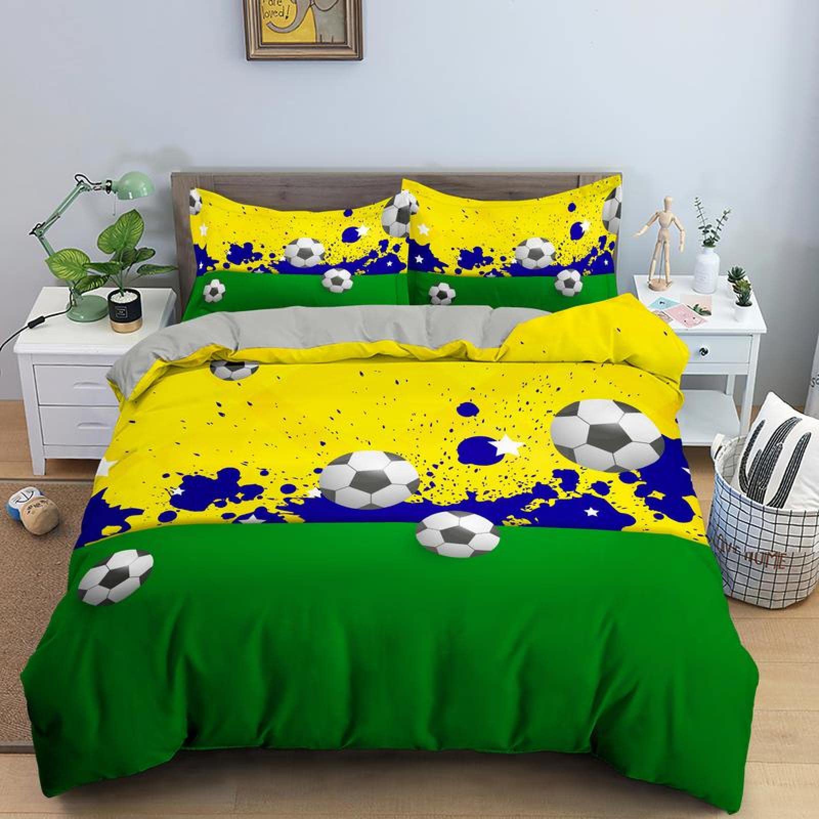 Housse de couette 90x190 football vert pour un lit d'enfant facile à laver et sans repassage