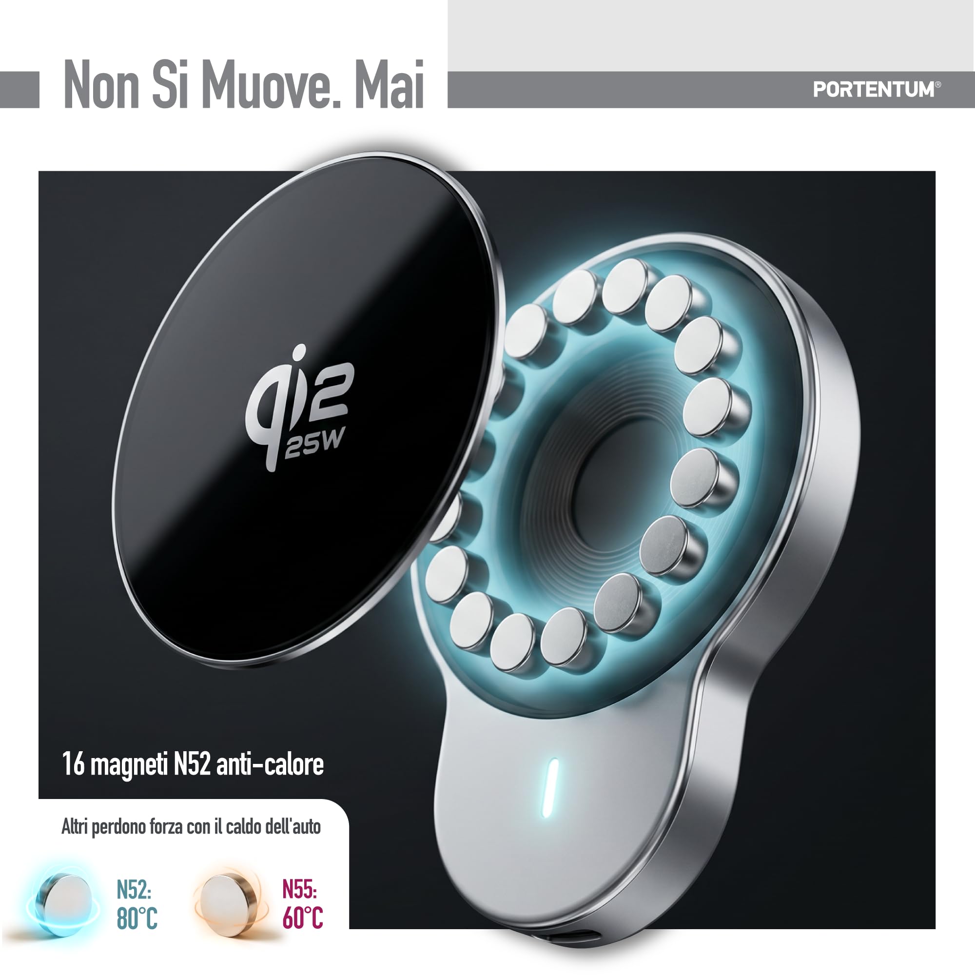 PORTENTUM Caricatore wireless auto Qi2.2 25W certificato nel 2026 – Raffreddamento attivo – Potenti magneti N52 – Supporto telefono auto con cavo USB-C 60W – Compatibile con MagSafe, iPhone e Qi