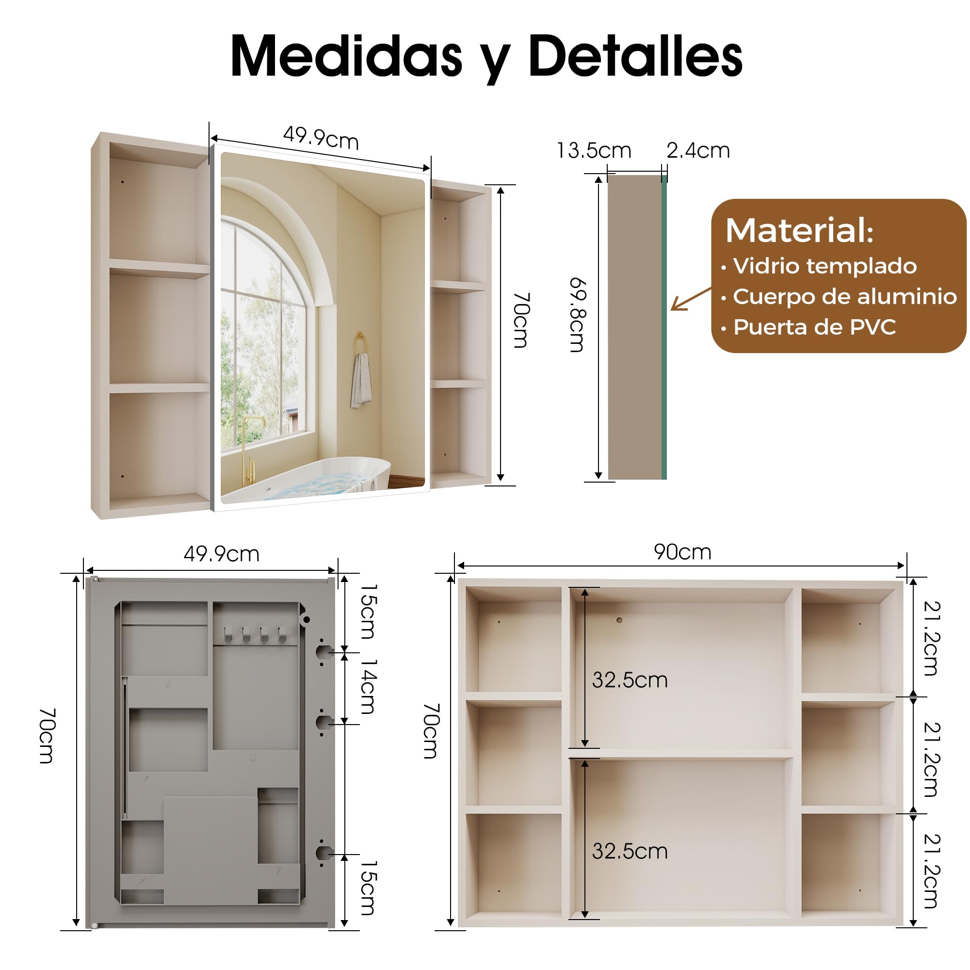 S'bagno Armario con espejo para baño con iluminación, 90 x 70 cm, armario con espejo para cuarto de baño, armario empotrado de aluminio, 3 colores, regulable, función de memoria, vidrio templado HD
