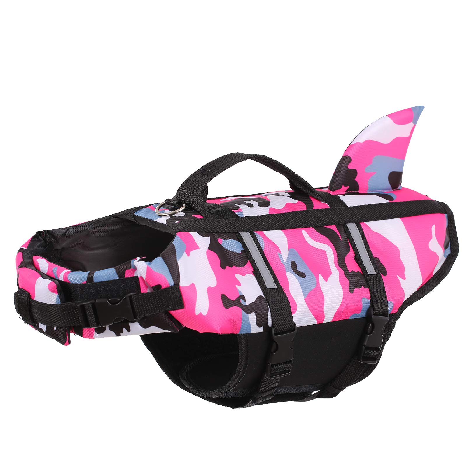 CITÉTOILE Flotador para Perros, Chaleco Flotador de Tiburón para Perros Pequeño, Chaleco Salvavidas Camuflaje para Perros con Asa y Reflectante, Chaleco para Perro para Deportes Acuáticos, Rosa, M