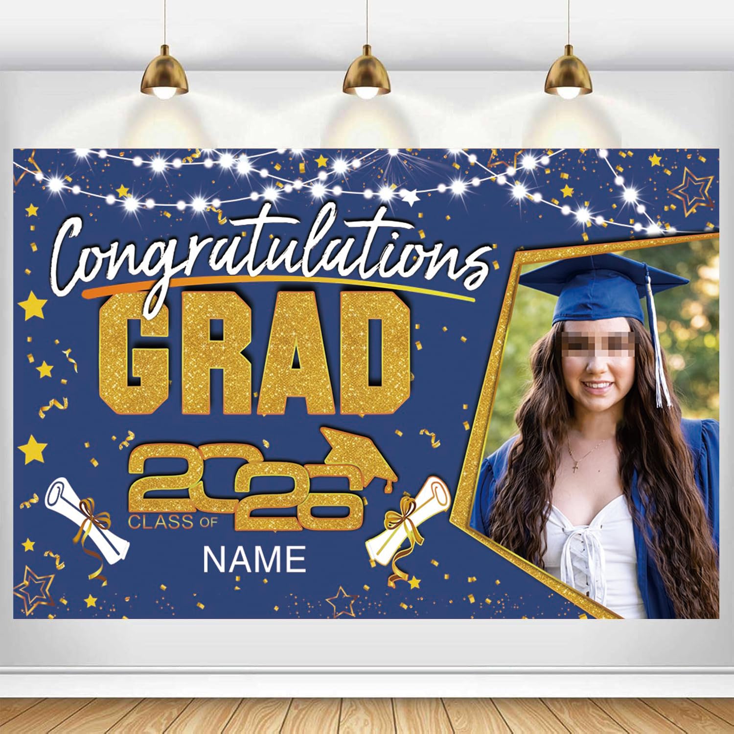AUBAO Custom Graduation Party Decorations 2026 - Personalization Large Congrats Grad Banner -Graduation Backdrop Banner(Blue and Gold)