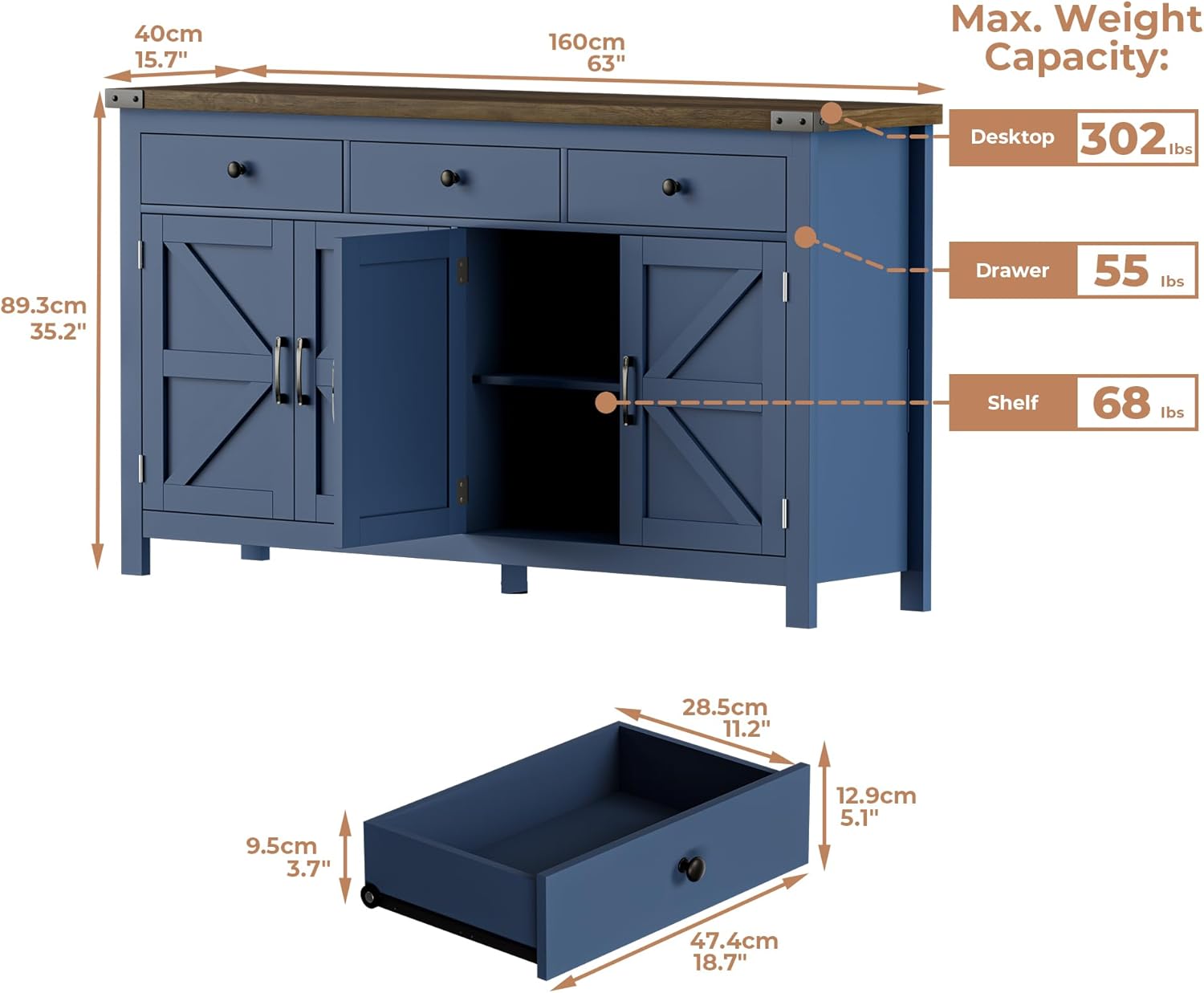 VVFLU 63" Sideboard Buffet Cabinet with Storage, Coffee Bar with 3 Drawers and 4 Barn Doors, Long Wider Storage Cabinet Modern Farmhouse, Blue Wood, for Kitchen, Dining Room, Living Room