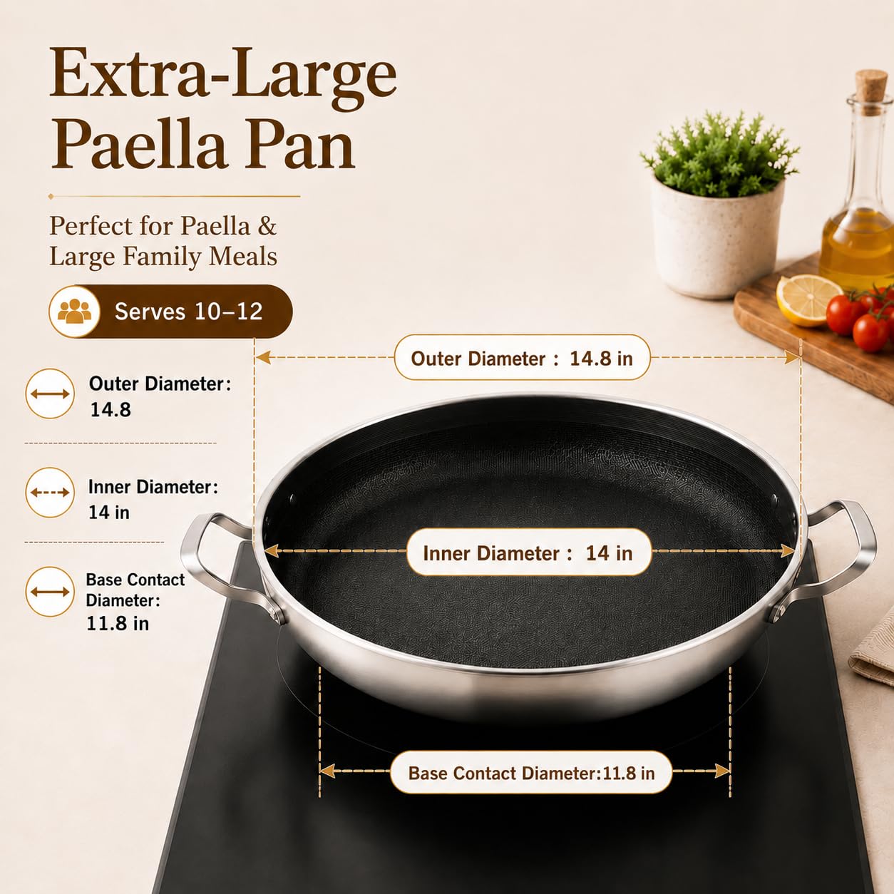 DELARLO Paellera antiadherente de acero inoxidable de tres capas de 35,5 cm, sartén grande para cocina, sartenes, horno de inducción y lavavajillas