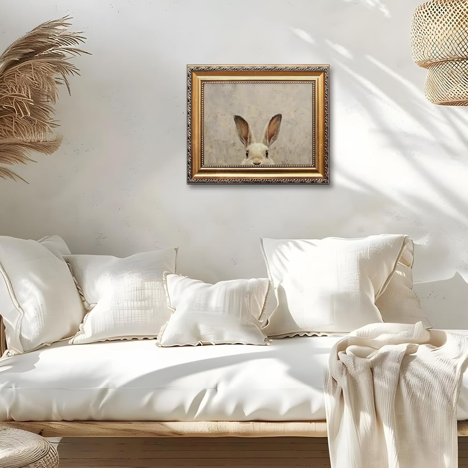 Gold Framed Vintage Bunny Wall Art Rustic Farmhouse Rabbit Poster Print Cute Animal Canvas Painting Retro Muted Spring Easter Picture for Bedroom Nursery Cottagecore Home Decor 12x16inch