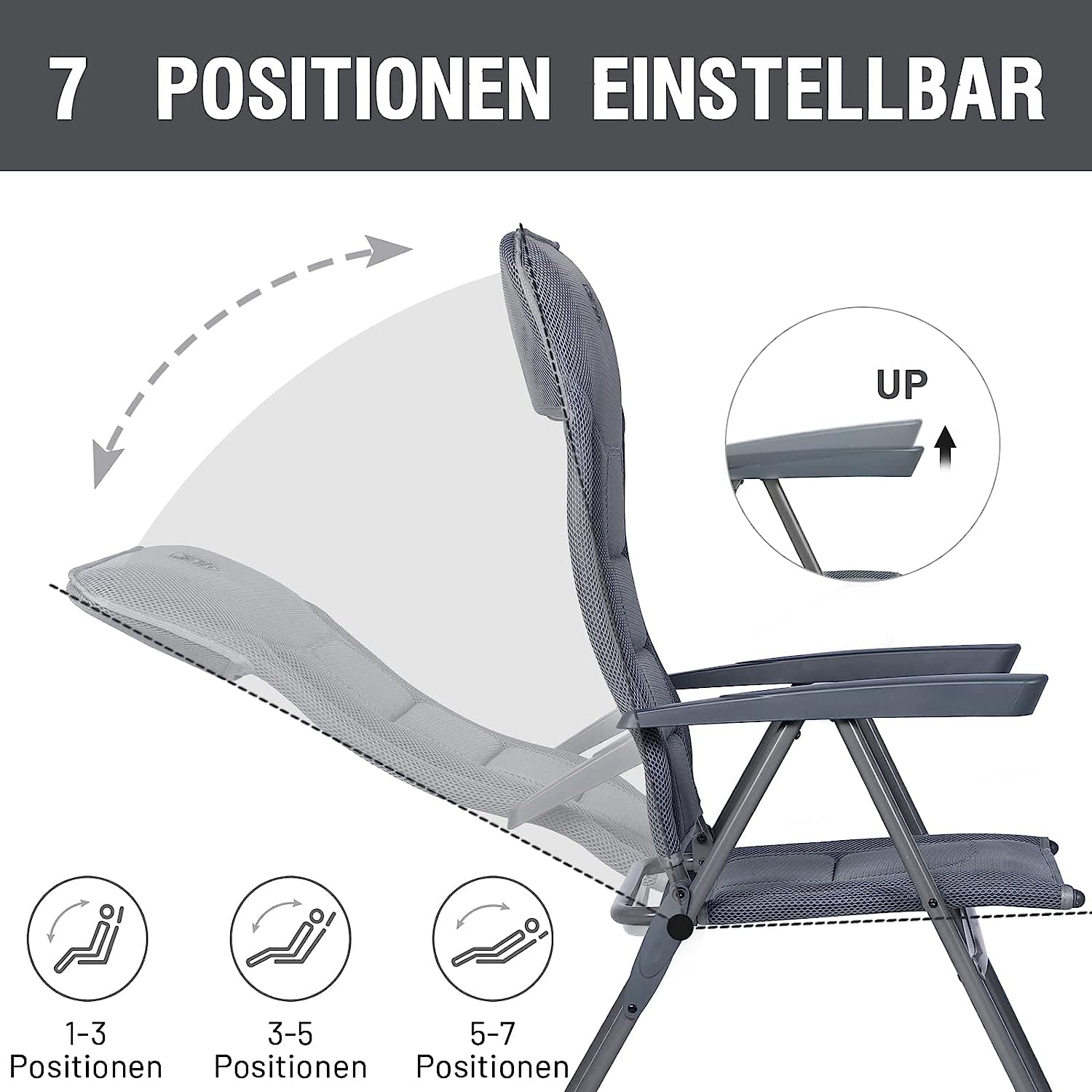 TIMBER RIDGE 2er Campingstuhl Faltbar mit Hoher Lehne Klappstuhl Luxus Gepolsterter Balkonstuhl mit 7 Positionen, Verstellbarer Gartenstuhl für Camp, Garten, Balkon Belastbar 150 KG Grau