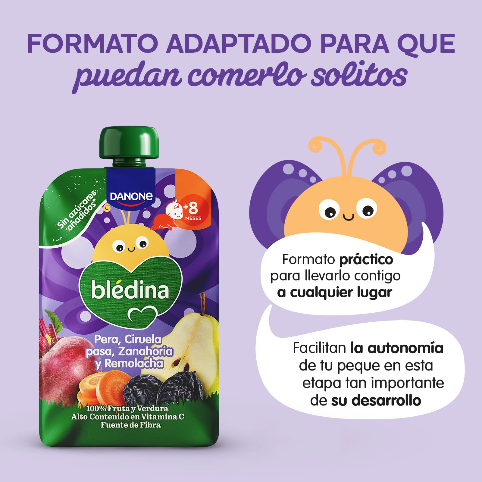 Blédina Bolsitas de Pera, Ciruela pasa, Zanahoria y Remolacha para Bebé Pouch 100% Fruta y Verdura Sin Azúcar Añadido Alto Contenido Vitamina C Fuente de Fibra Pack 6x100g