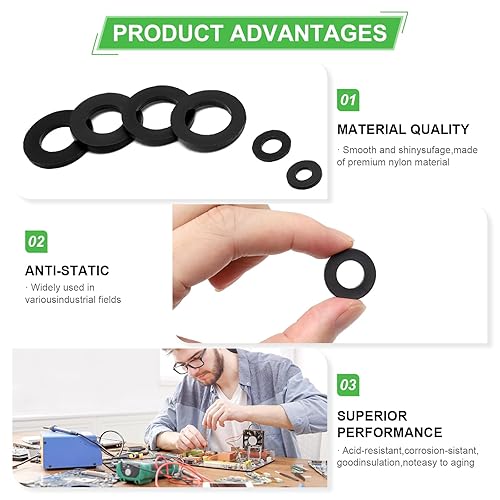 Miniatura 5 de 650 Piezas de Arandelas Planas de Nailon para Tornillos y Pernos, Kit Surtido de Arandelas de Plástico Negro de 7 Tamaños (M3-M12), Juego Surtido de