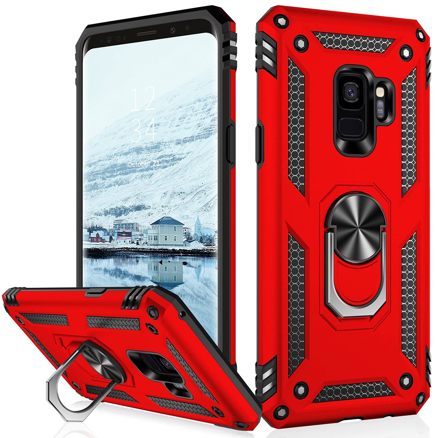 IKAZZfor Galaxy S9 Case,Military Grade Shockproof Heavy Duty Protective Phone Cover Pass 16ft Drop Test with Magnetic Kickstand Red
