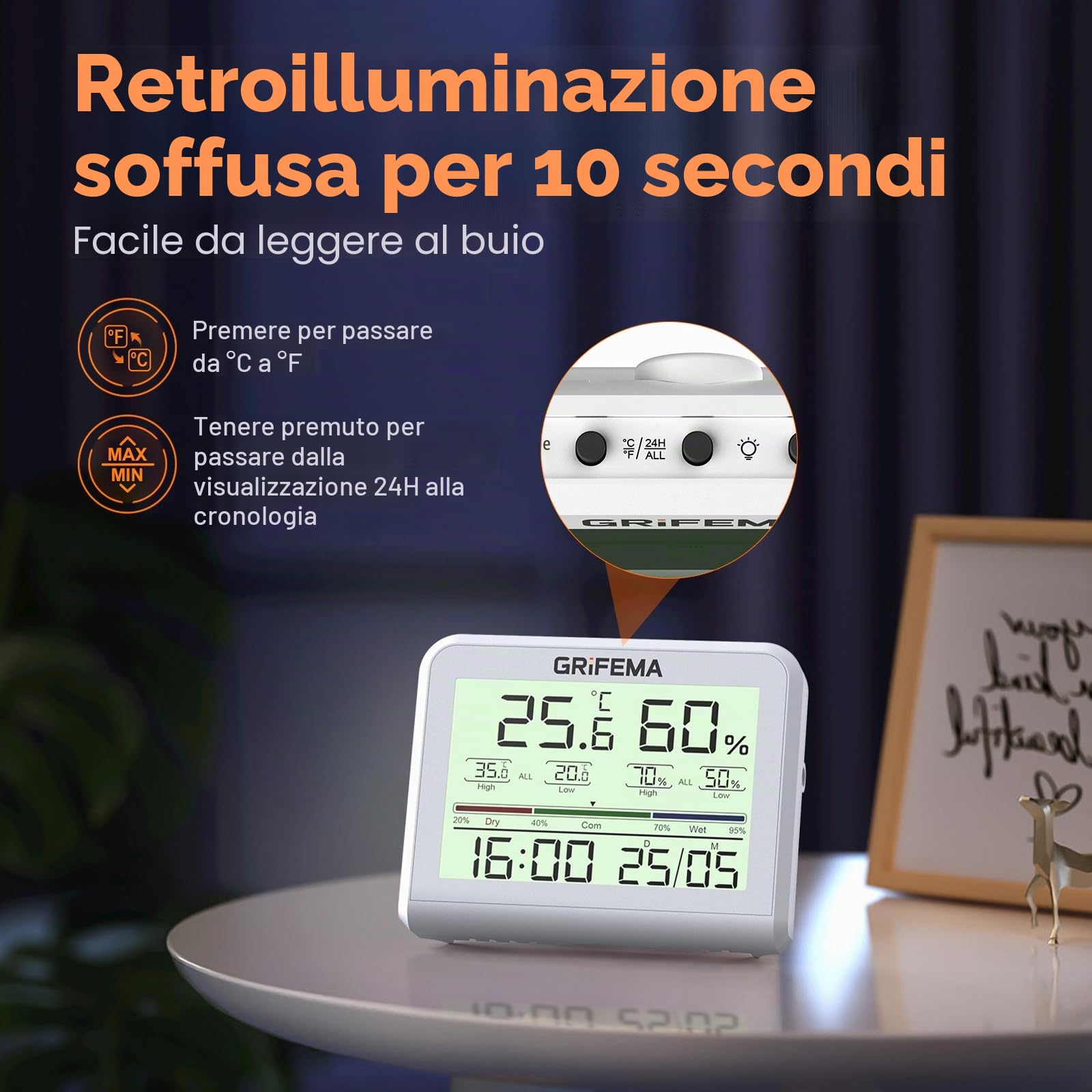 GRIFEMA GA2901 Termometro Igrometro Digitale con Retroilluminazione, Registrazione Max/Min, Bianco