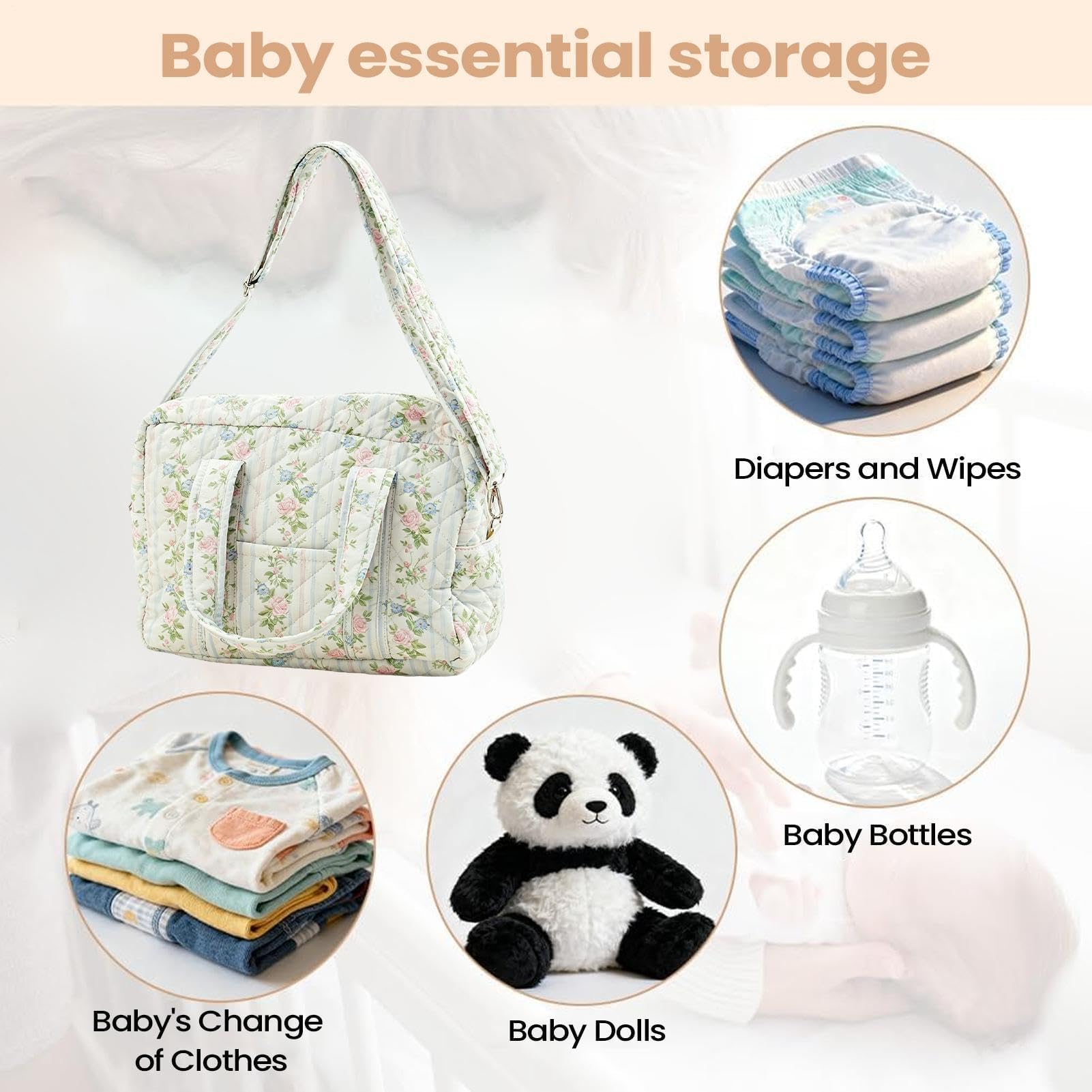 Bolsa de pañales acolchada de mezcla de algodón, bolsa de almacenamiento de fin de semana para mamá: hospital, habitación de los niños, oficina, compras, gimnasio
