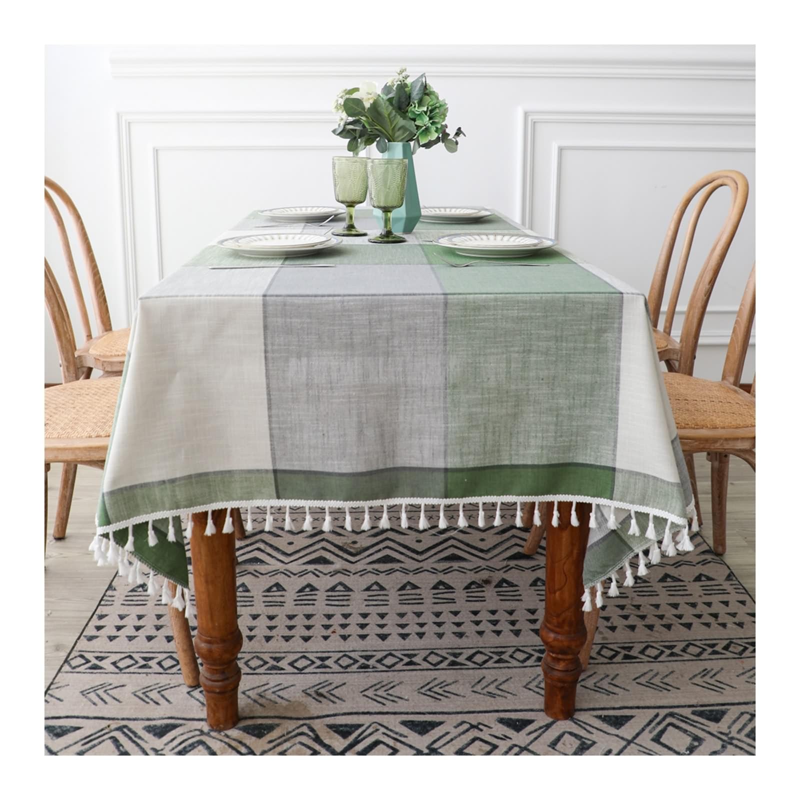 Daesar Manteles Rectangulares para Exterior,Manteles Poliéster Antimanchas Patrón de Cuadros con Borlas Mantel Exterior Verde Gris,140x200CM(79x55Inch)