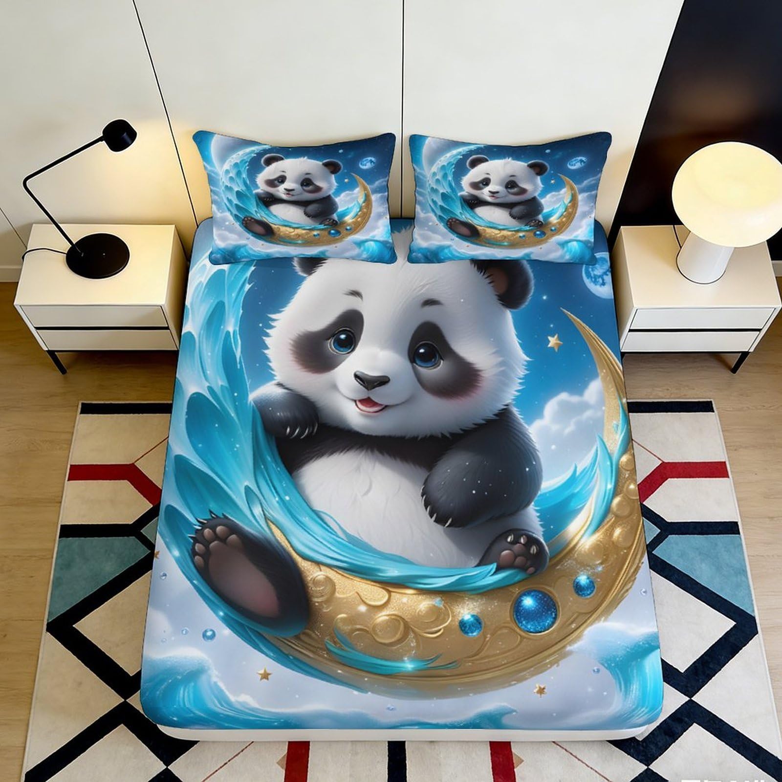 3D Printed Cute Panda Moon Fitted Sheet Microfiber Non Slip Bed Cover Cartoon Decor for Bedroom Guest Room 90x200x25cm