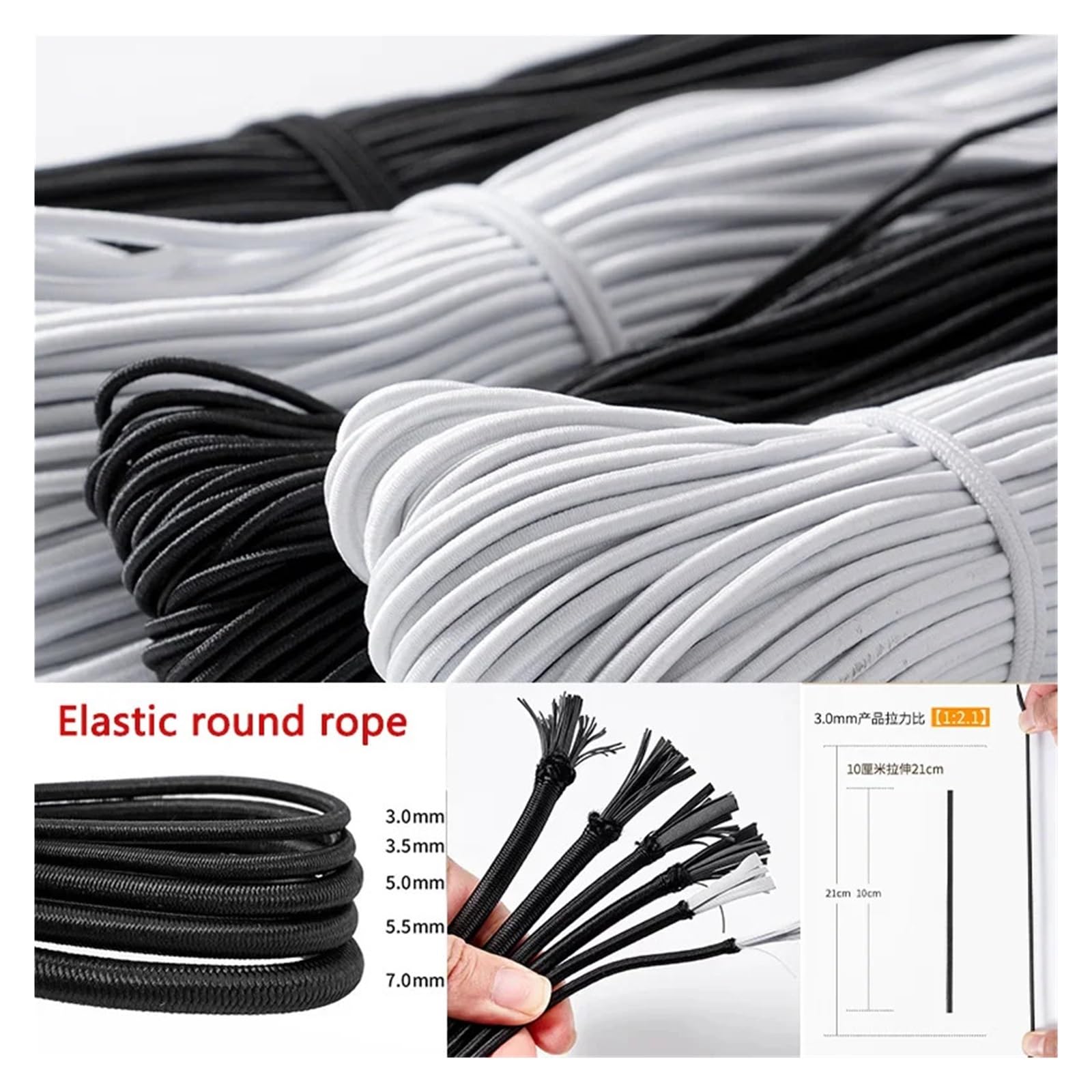 Cuerda Elastica Cuerda elástica Redonda de 1-10 mm, Color Blanco y Negro, Banda Goma látex Alta Elasticidad, Cuerda for trampolín, tendón Vaca, Accesorios Costura DIY(Black,5M,6mm)