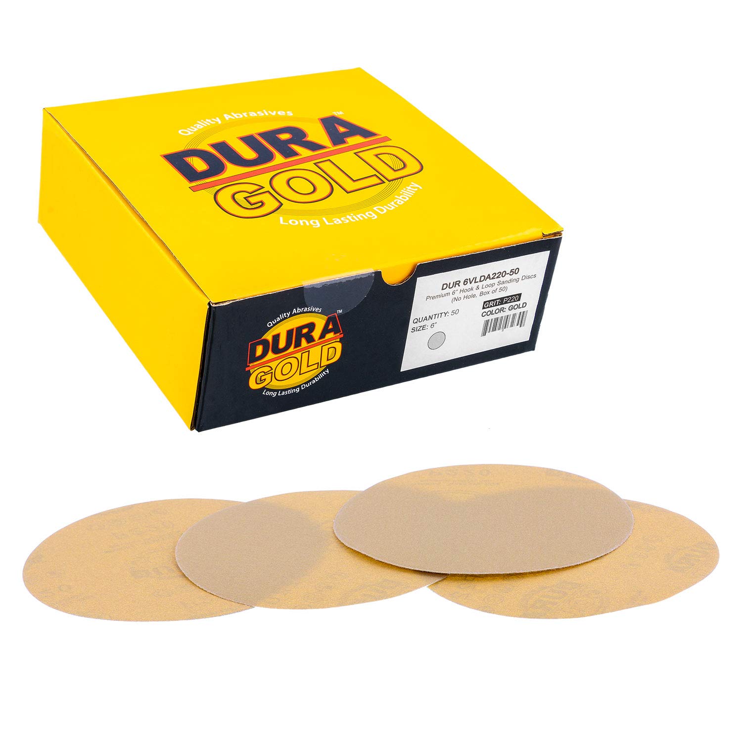 Dura-Gold Premium 220 Grit 6" Gold Sandpaper Discs, No Hole Pattern Dustless, Box of 50, Hook & Loop Backing for DA Sander, Finishing Coarse Sanding