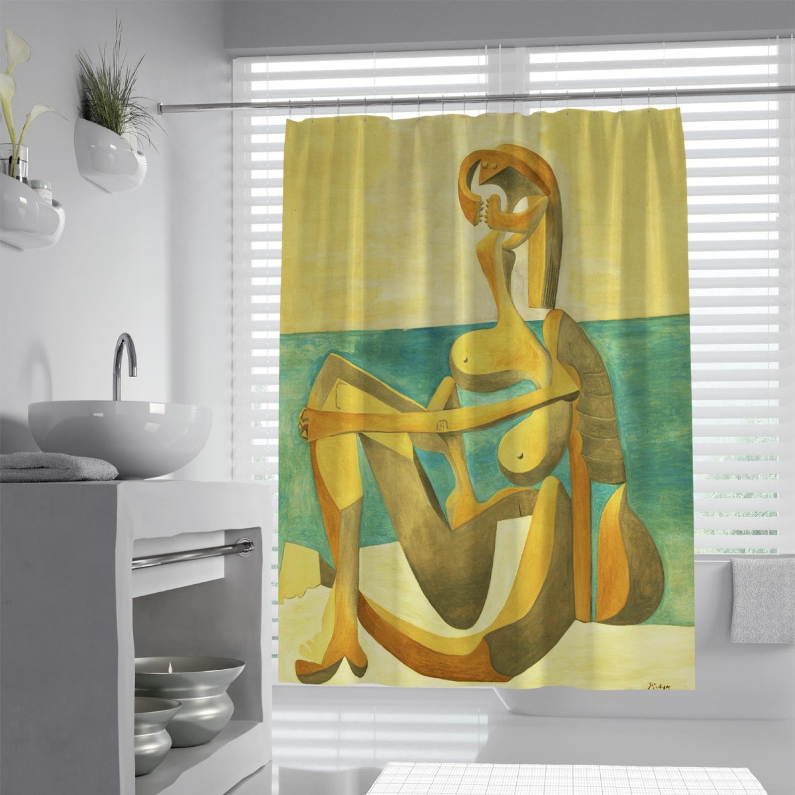 Rideau de Douche Beige Vintage Pablo Picasso Motif créatif cubisme Art Style Peinture imperméable Polyester Baignoire Rideaux 180x200cm
