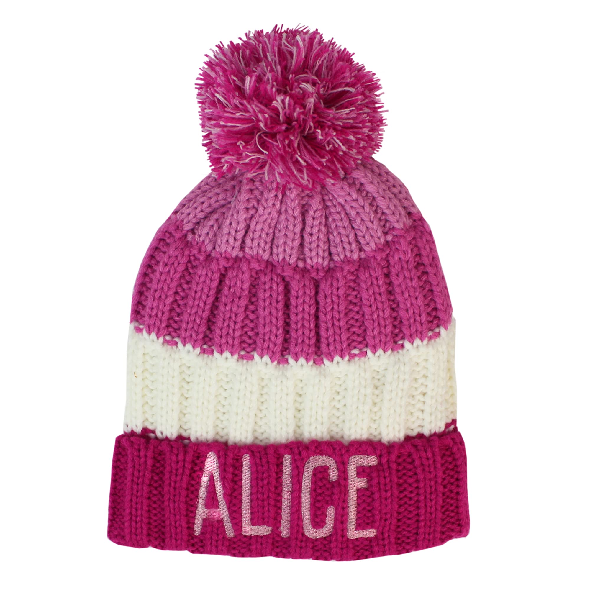 TeddyTs Girls Striped Chunky Knitted Bobble Hat with Large Pom Pom (Pink)
