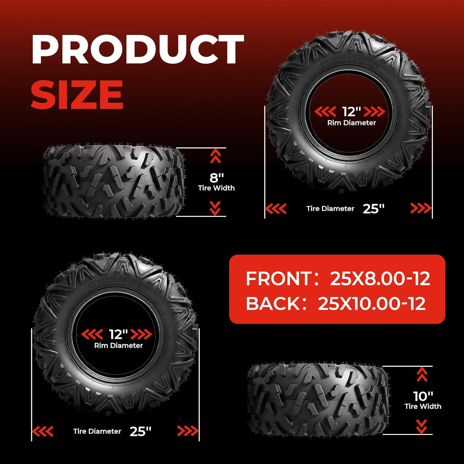 ATV/UTV Tires 25x8-12 Front & 25x10-12 Rear,All-Terrain Mud Tires 25x8x12 & 25x10x12,6-Ply,Non-Directional Big Horn Tread,Tubeless,Set of 4