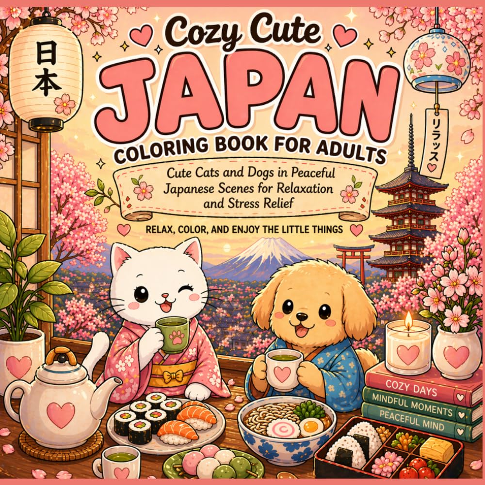 Cozy Cute Japan Coloring Book for Adults: Cute Cats and Dogs in Peaceful Japanese Scenes for Relaxation and Stress Relief