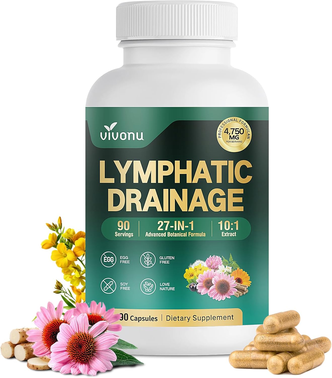 VivoNu 27-in-1 Liposome Lymphatic Drainage Supplements, 90 Day Supply with Echinacea, Chlorophyll, Dandelion, Burdock, Mullein Leaf Extract for Lungs, 10:1 Concentrated Technology, 90 Capsules