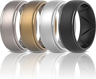 ThunderFit Silicone Rings for Men - Breatheable Airgrooves Step Edge 10mm Wide - 2.5mm Thick (Gun Metal C, Bronze B, Silver B, Black - Size 9.5 - 10 (19.8mm))