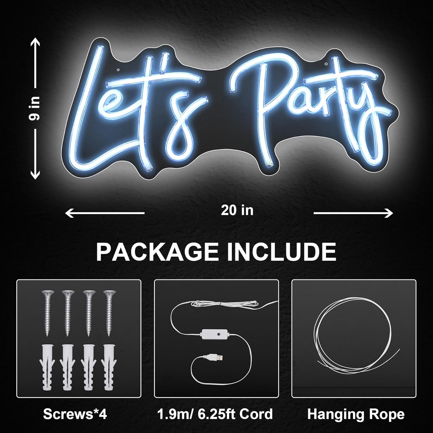 Let's Party Neon Signs, Neon Light Sign for Wall Decor 20 x 9Inches Large LED Neon Sign Art Decorative Lights for Wedding Party Home Bar Store Festival, White - Image 2