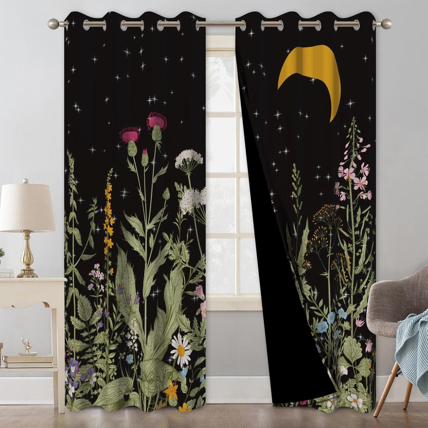 Black Floral Printed Blackout Curtains for Bedroom and Nursery, Thermal Insulated Light Filtering Drapes 84 Inch Length 2 Panels Set, Room Darkening Soundproof Privacy Winter Curtains with Tiebacks