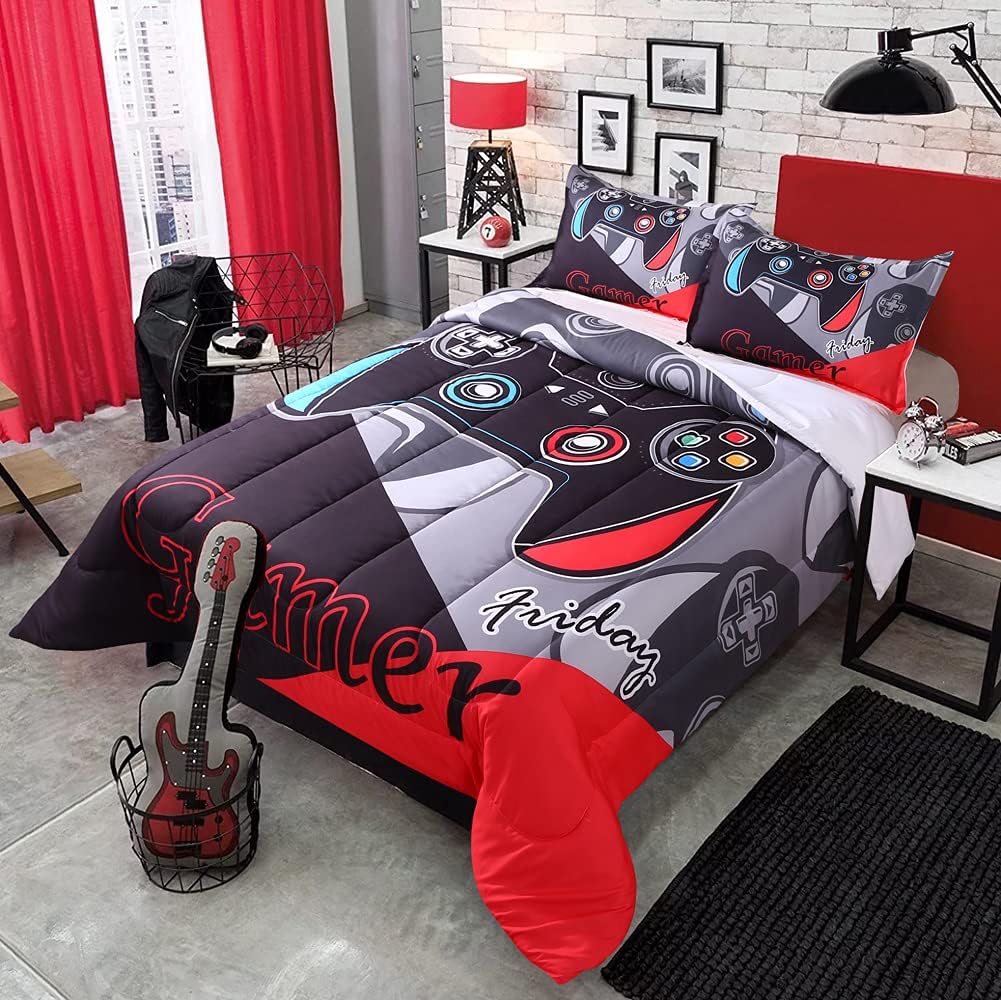 Gaming Comforter Modern Gamepad Bedding Set Video Game Gamepad Comforter Set for Teens Boys with 1 Comforter (68"*90") and 2 Pillowcases(Twin, Game color2)