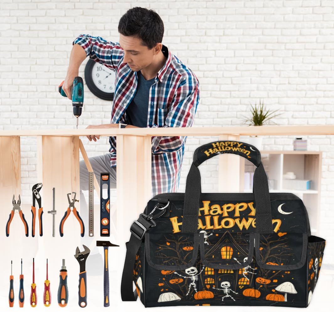 Halloween Heavy Duty Tool Bag 14.8 Inch Skeleton House Portable Soft Tool Box Organizer Storage with Adjustable Shoulder Strap