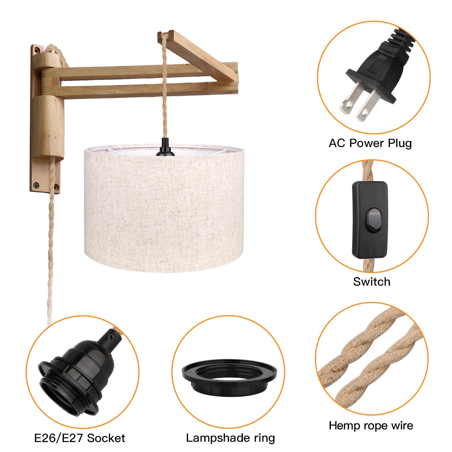 Lámpara colgante enchufable de 16.5 pies, lámpara colgante con pantalla de enchufe, interruptor de cuerda de cáñamo, pantalla de tela de lino beige para comedor, cocina, sala de estar 4