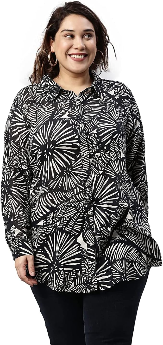 The Pink Moon Women's Relaxed Fit Plus Size Black Floral Shirt with Full Sleeves - (SHR_050_BLKF-1)