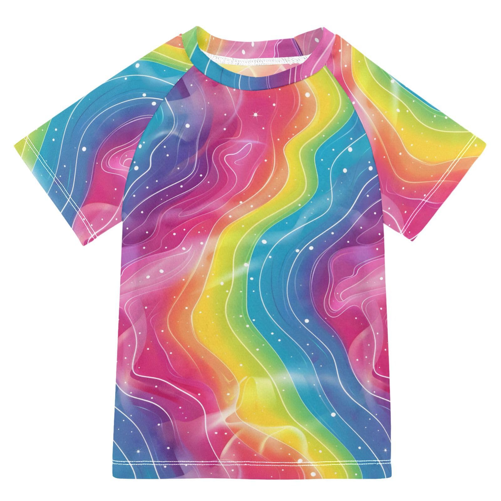ALAZA Kids Rash Guard Boys Toddler Swim Shirts Short Sleeve Cartoon Rainbow UPF 50+ 3T