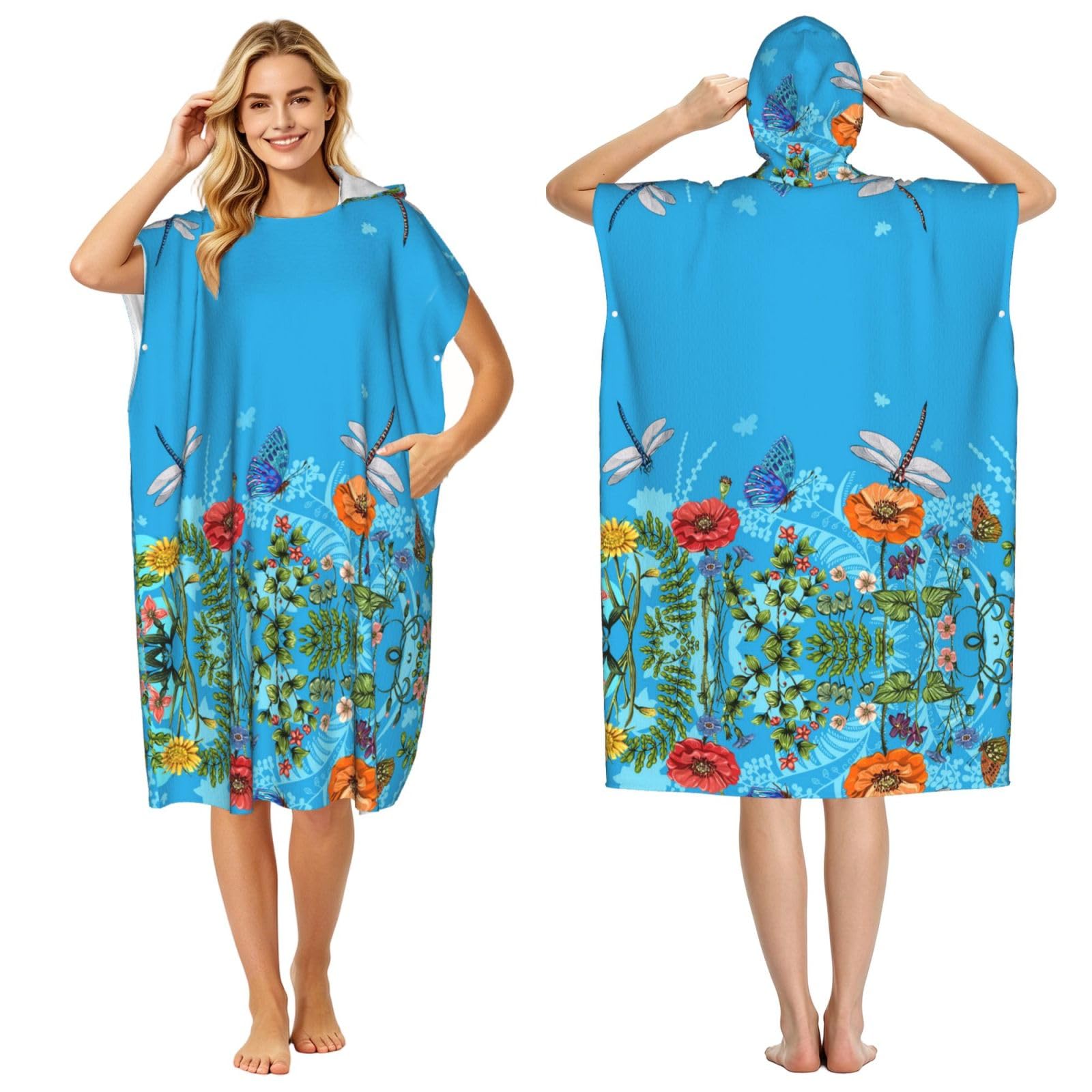 ESNAIUVCD Dragonfly And Flower Print Changing Robe, Hooded Towel Poncho For Swimming Pool, Beach,Quick Dry & Light Weight Towelling Poncho For Adults Women Men