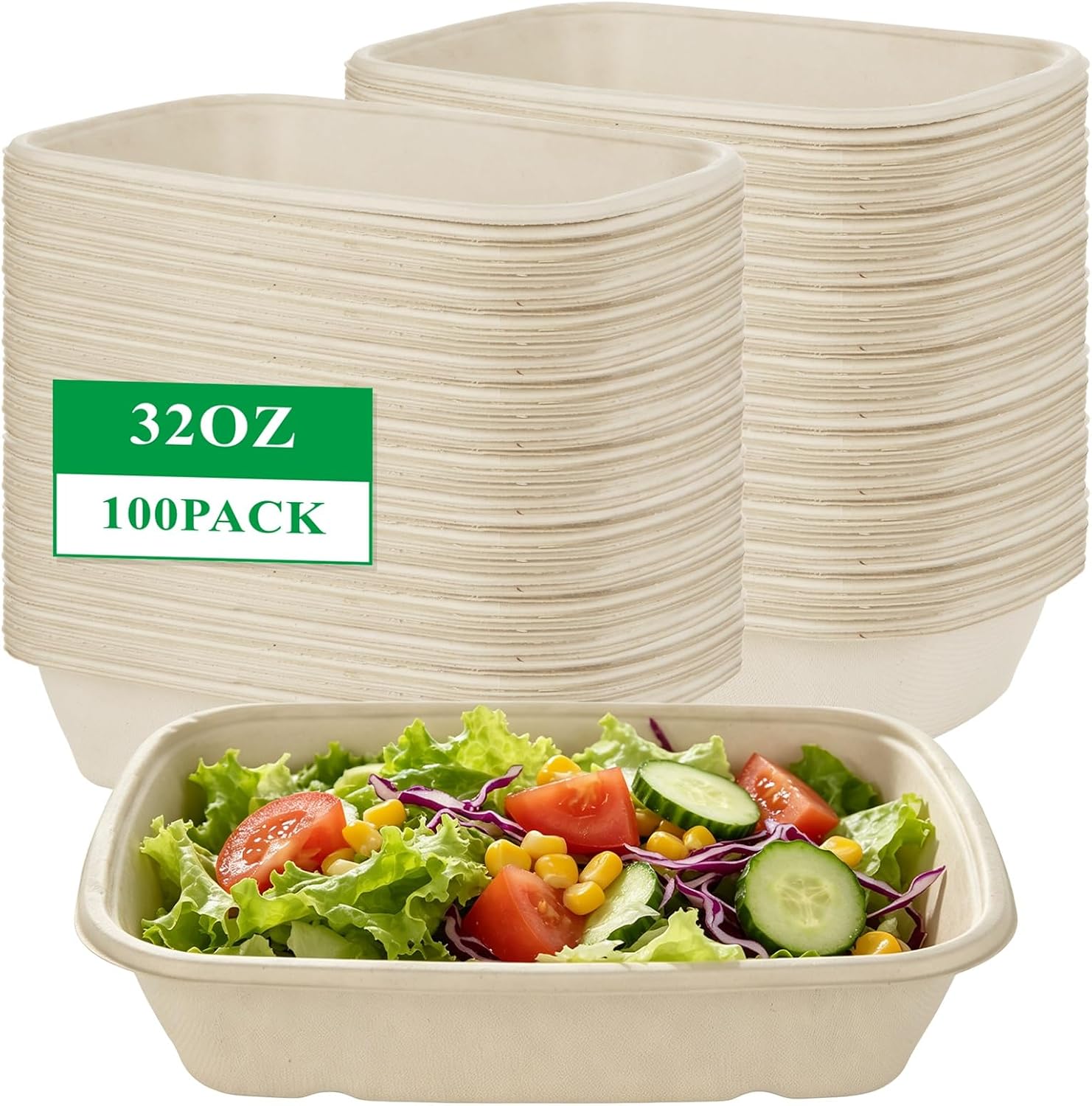 100 Pack 32 oz Large Paper Bowls Heavy Duty Disposable Bowls Chipo-tle Style Compostable Bowls for Meal Prep, Milk Cereals, Salads