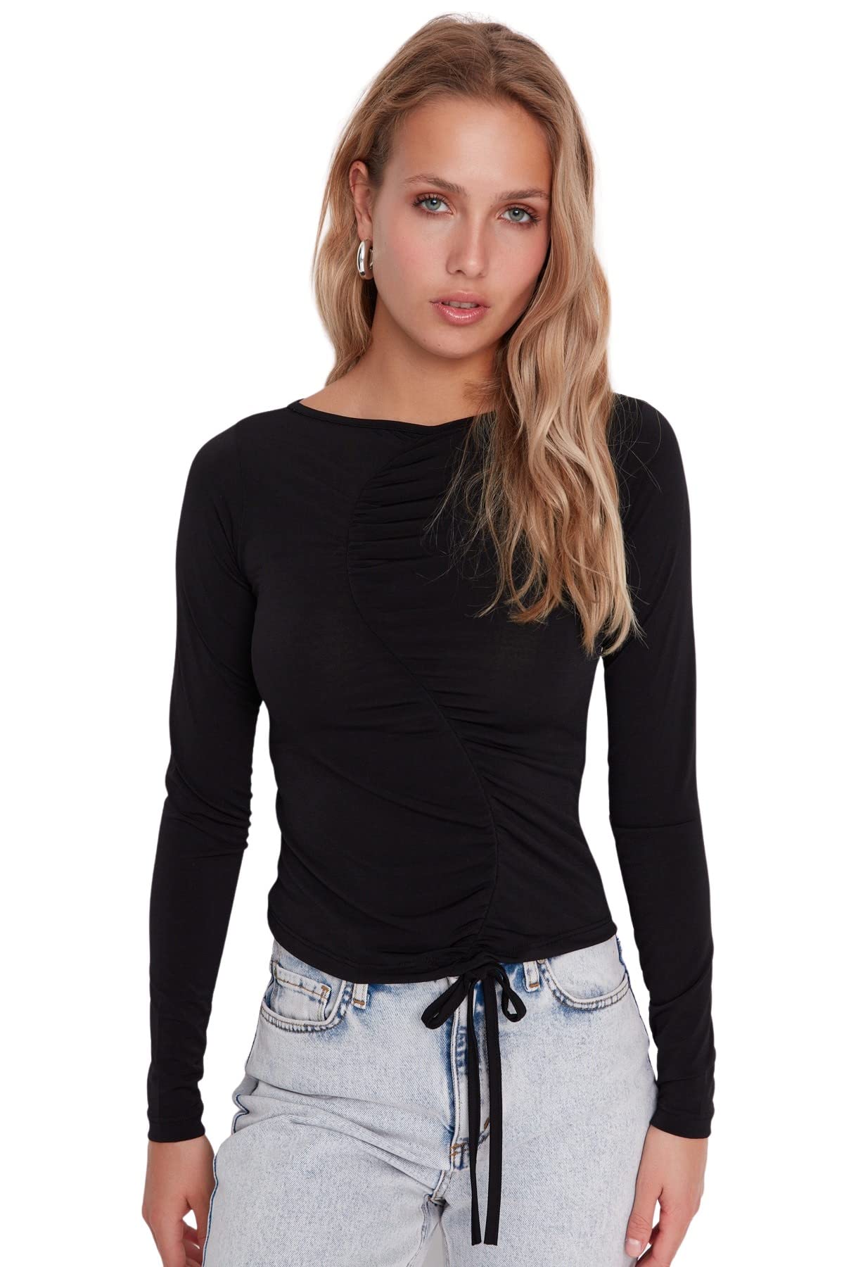 Trendyol Damen Schwarz Figurbetont Bodycon Rundhalsausschnitt Gestrickt Bluse, M