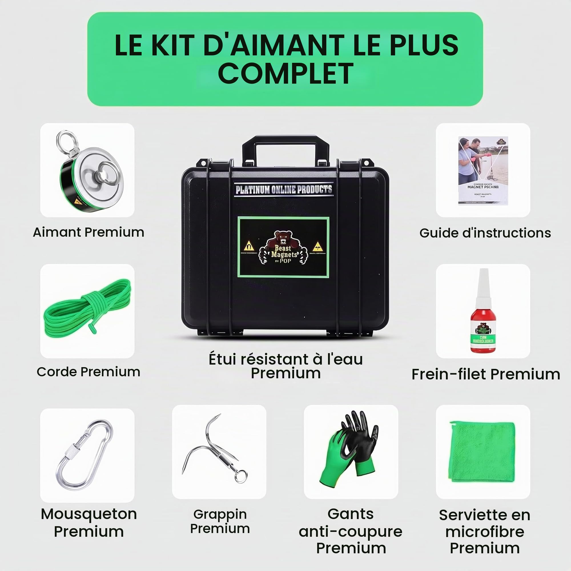 Kit de pêche magnétique double face avec étui, aimant puissant pour la pêche, 900 kg, aimant en néodyme pour une utilisation intensive, avec corde durable et mousqueton, gants et étui