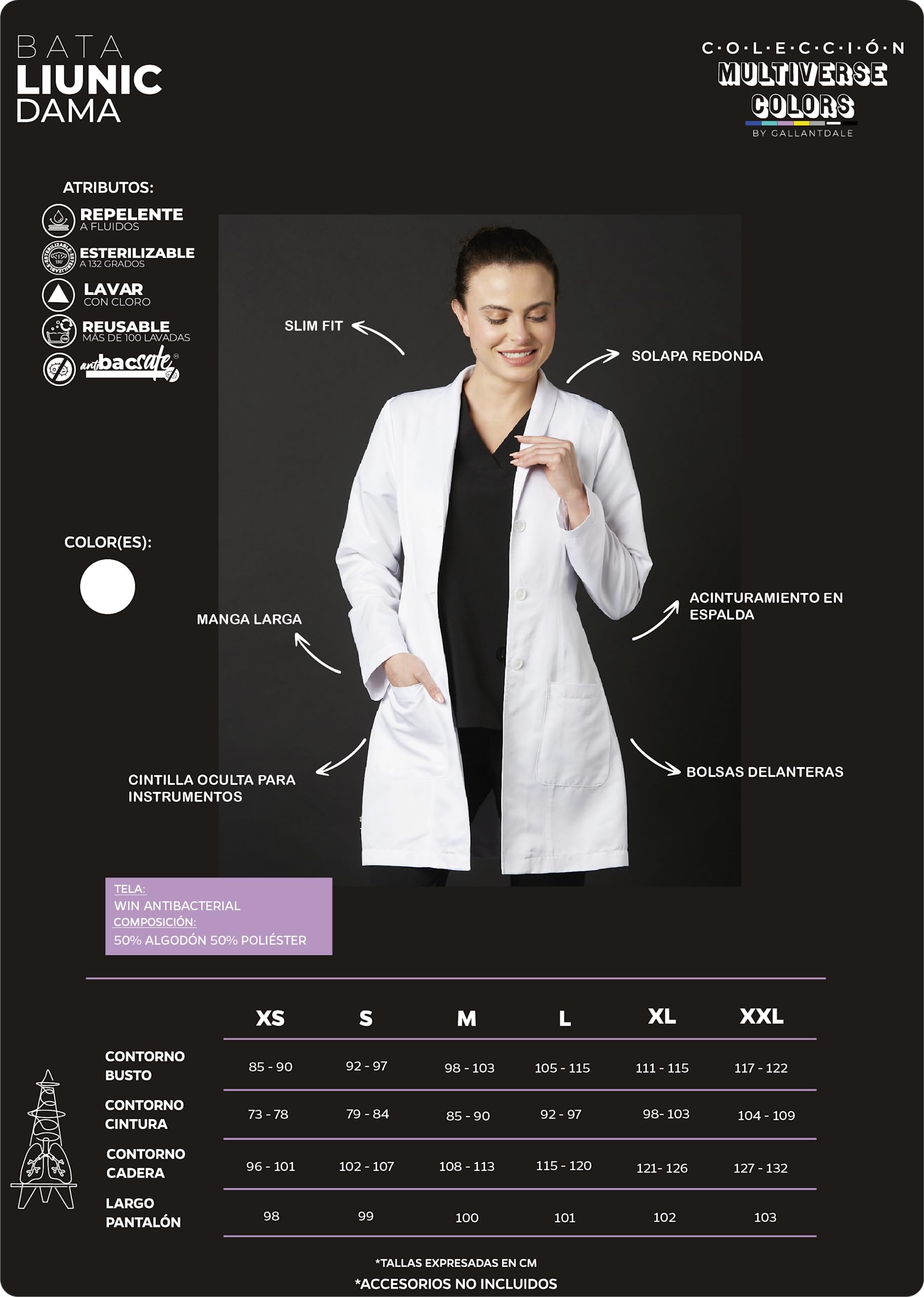 Bata Sanitaria De Trabajo Liunic Mujer Repelente Antibacterial Esterilizable Resistente Reutilizable Médico Doctora Laboratorio Farmacia Color Blanco