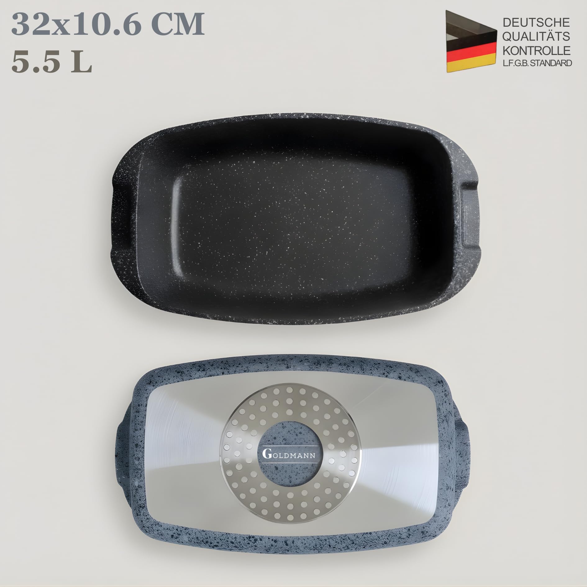 GOLDMANN Bräter rechteckig 32 x 21 x 11 cm (5,5 l) – Aluminiumguss – Antihaftbeschichtung in Marmoroptik – Glasdeckel mit Aromaknopf – Für alle Herdarten geeignet – Ofenfest – PFOA-frei