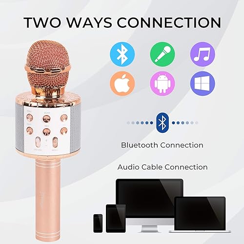 Miniatura 4 de JMFinger Micrófono de karaoke para niños y adultos, micrófono Bluetooth portátil inalámbrico con luces LED, los mejores regalos (oro rosa)