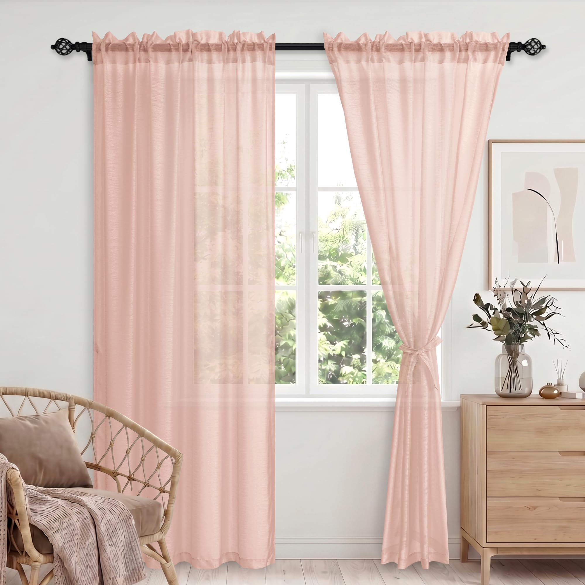 DWCN Light Filtering Net Curtains Rod Pocket with Tiebacks, Pink Voile Curtains Lightweight for Kitchen Cafe, Living Room Decorative Pink Semi Transparent Sheer Curtains 56x81 Inch 2 Panels