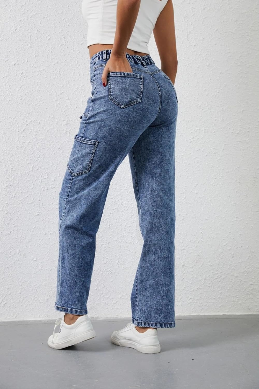 Sweezarmo Women's Cargo Jeans High Waisted Solid Color Denim Casual Stretch Elastic Waist Joggers with Pocket - Image 2