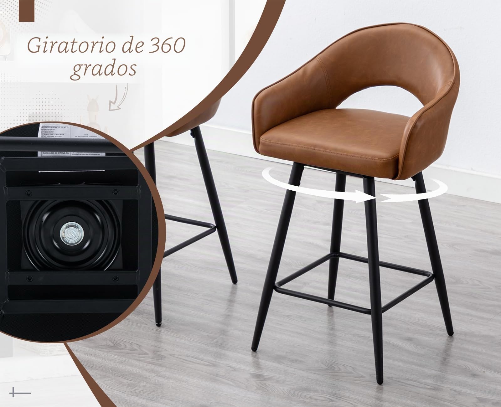 Ya-Home Juego de 2 Taburetes Altos de Cocina Marco Metal Giratorio,Marrón | Silla Alta de PU Cuero, Giratorio, Patas de Metal, Respaldo Curvo, Cojin Comodo, para Isla Cocina/Bar,MAX 113KG